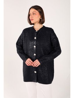 Lacivert Varaklı Düğmeli Hırka