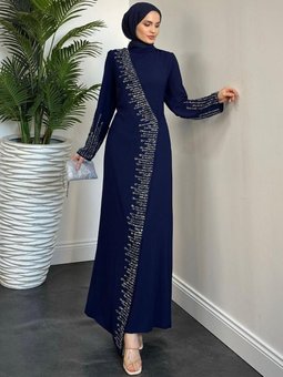 Alecta Yandan Simetrik Taşlı Abiye Elbise Lacivert