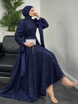 Hilly Kolları Fiyonk Saten Abiye Elbise Lacivert