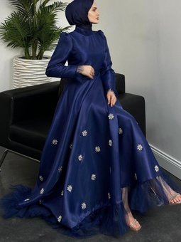 Joenne Taşlı Altı Tüylü Tafta Abiye Elbise Lacivert