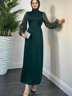Kevin Kolları Simli Kalem Abiye Elbise Zümrüt Yeşili