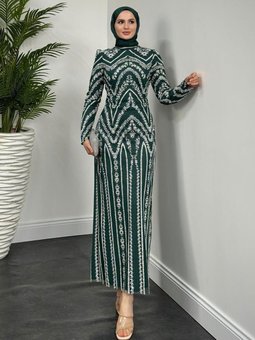 Liam Simli Desenli Abiye Elbise Zümrüt Yeşili