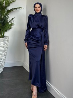 Mirabel Büzgülü Saten Abiye Elbise Lacivert