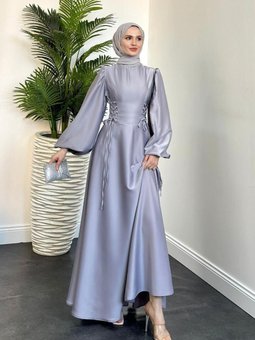 Orya Yanları Sıkmalı Saten Abiye Elbise Gri