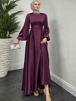 Orya Yanları Sıkmalı Saten Abiye Elbise Mor