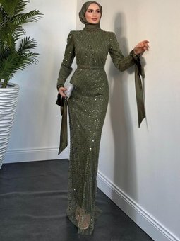 Sheldon Kolları Bağcıklı Pul Payet İşleme Abiye Elbise Haki