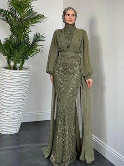 Stella Boncuk İşlemeli Pelerinli Abiye Elbise Haki