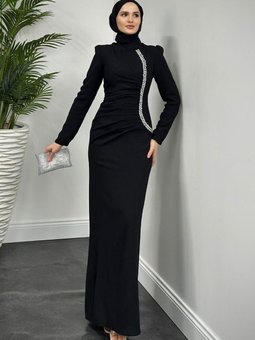 Vitya Yanı Taşlı Balık Abiye Elbise Siyah