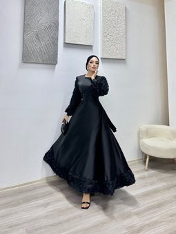 Gül Detaylı Plume Saten Abiye Elbise