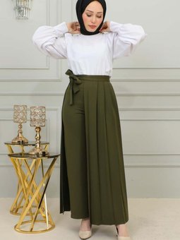 Piliseli Pantolon Etek Haki