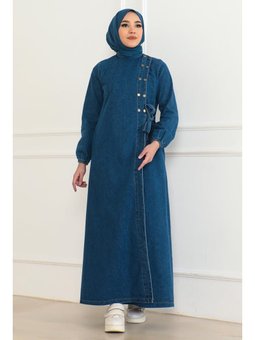 Düğmeli Yandan Bağlamalı Kot Ferace Açık Mavi