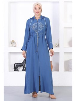 Nakışlı Kapüşonlu Mavi Ferace