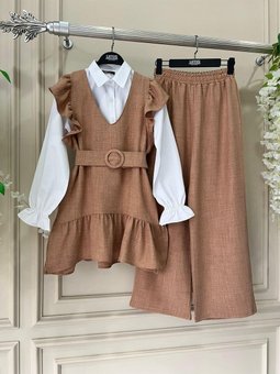 Kadın Pamuklu Fırfırlı 4'lü Kombin Gömlek Yelek Pantolon Kemer Tesettür Takım