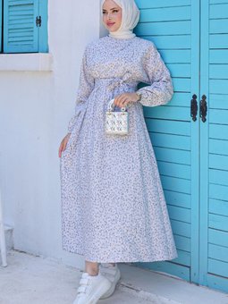 Çiçek Desenli Elbise Ett10036 Gri