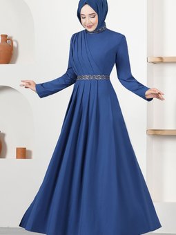 Kuşaklı Abiye Elbise İndigo Asm2611
