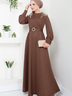 Omzu Taşlı Abiye Elbise 276dvl897 M Kahve