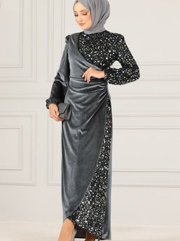 Pullu Kadife Abiye Elbise Asm2638 Antrasit