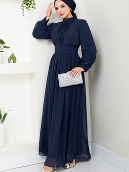 Pullu Şifon Abiye Elbise Ygs4020 Lacivert