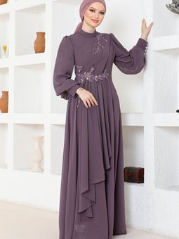 Şifon Abiye Elbise Aby5652 Koyu Lila