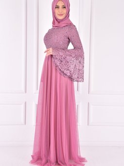 Taş Detaylı Dantel Abiye Elbise Gül Kurusu Asm2167