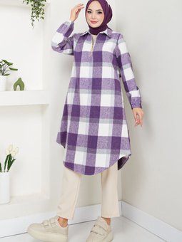 Yarım Fermuarlı Ekose Tunik 6915s982 M Lila