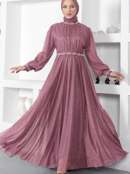 Lila İnci Detaylı Simli Abiye Elbise