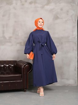 Lacivert Balon Kol Elbise