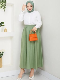 Yeşil Cepli Beli Lastikli Keten Uzun Etek