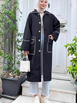 Düğmeli Siyah Trençkot 9206