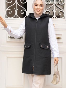 Kapüşonlu Siyah Yelek 80264s