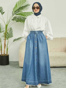 2215 Denim Mevlana Düğmeli Etek Mavi