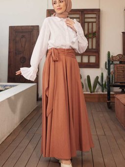 2279 Ancelina Pileli Kuşaklı Mevlana Etek Somon