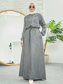 6501 Denim Reglan Kollu Cepli Elbise Gri