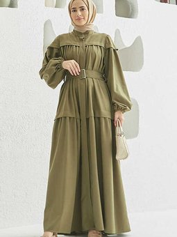 6605 Carla Büzgülü Kuşaklı Elbise Haki