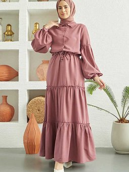 Krep Elit Büzgülü Elbise Gül Kurusu 6567