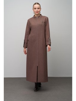 Deri Ve Aksesuar Detaylı Yün Karışımlı Büyük Beden Pardesü Melanj Kahve