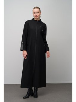 Deri Ve Aksesuar Detaylı Yün Karışımlı Büyük Beden Siyah Pardesü