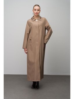 Gömlek Yaka Deri Ve Metal Aksesuarlı Büyük Beden Astarlı Trenç Vizon Pardesü