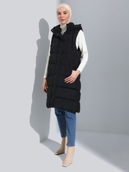 Kapüşonlu Fermuar Kapamalı Çift Taraflı Şişme Siyah Yelek