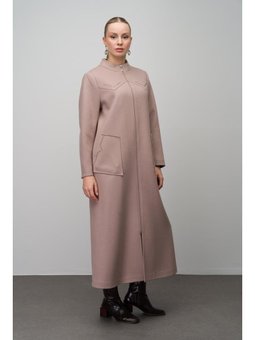 Taş Detaylı Büyük Beden Yün Karışımlı Uzun Bej Kap