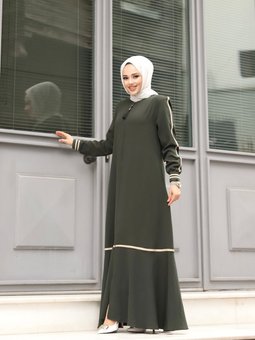 1. Kalite Rabia Krep Kumaş Krem Rengi Şeritli Kol Ribanalı Giyim Ferace