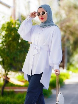 Önü Kısa Arka Uzun Belinden Kemerli Tunik Beyaz