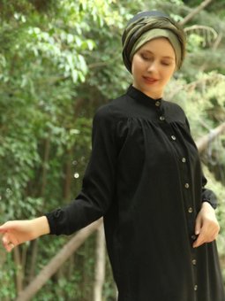 Siyah Yandan Cepli Rabonlu Düğmeli Tunik