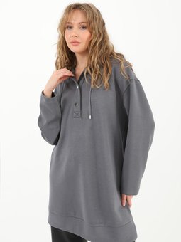 Yarım Çıtçıt Düğmeli Modal Kumaş Kapüşonlu Sweatshirt 10603