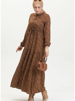 Viskon Küçük Çiçekli Elbise 0391 03 Kahverengi