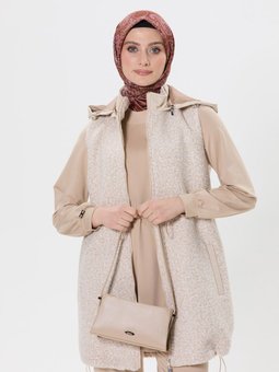 Bej Çıkarılabilir Kapüşonlu Deri Mixli Teddy Yelek 2517104