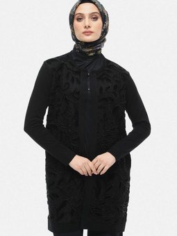 Siyah Yaprak Desenli Boncuklu Hırka 251741224