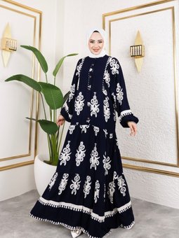 Lacivert Önü Düğmeli Hakim Yaka Ve Büyük Battal Beden Balon Kol Dokuma Viskon Elbise