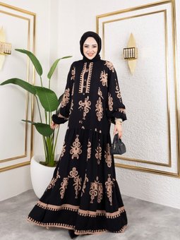 Siyah Önü Düğmeli Hakim Yaka Ve Büyük Battal Beden Balon Kol Dokuma Viskon Elbise