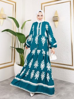 Yeşil Önü Düğmeli Hakim Yaka Ve Büyük Battal Beden Balon Kol Dokuma Viskon Elbise